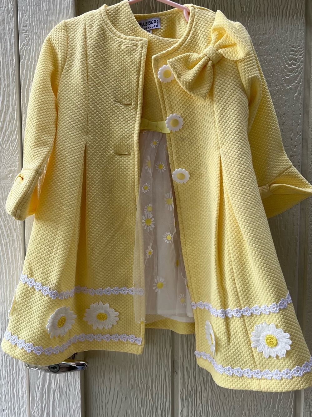 Blueberi Boulevard Pale Yellow Daisy-Trim Girls' Dress Coat